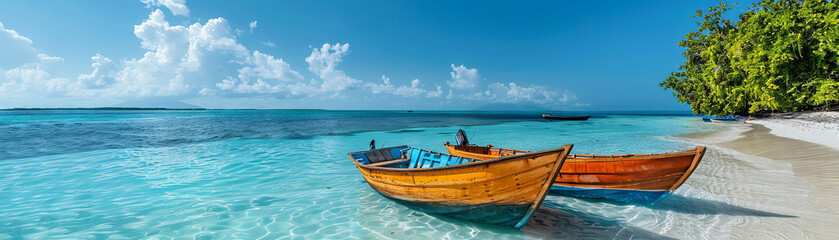 Fototapeta premium Beach boats at tropical island lagoon, peaceful sea view, copy space
