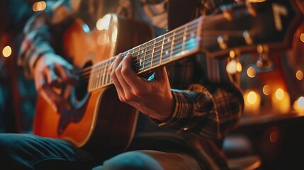 Fototapeta premium Guitarist engrossed in a melodic performance, fingers gracefully strumming over acoustic guitar strings, under cozy ambient lighting