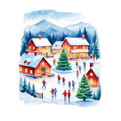 Village square covered in thick layers of snow with quaint cottages, people skiing, watercolor illustration clipart scene winter season