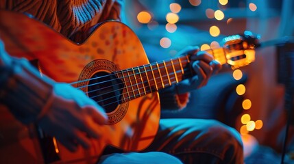 Guitarist engrossed in a melodic performance, fingers gracefully strumming over acoustic guitar strings, under cozy ambient lighting