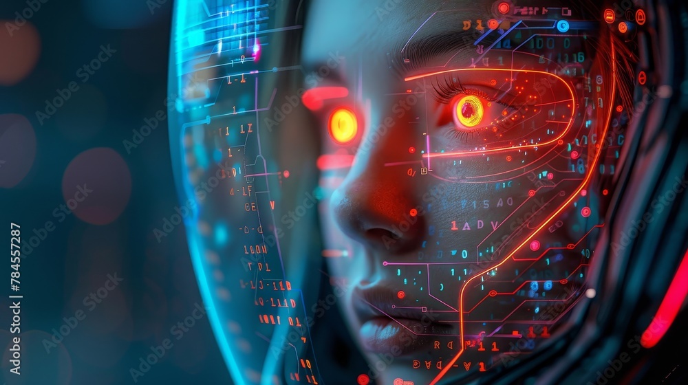 Aufkleber Developing artificial intelligence conceptual illustration. Robot with AI in hand programmers. Female cyborg networking on data. Machine learning conceptual illustration.