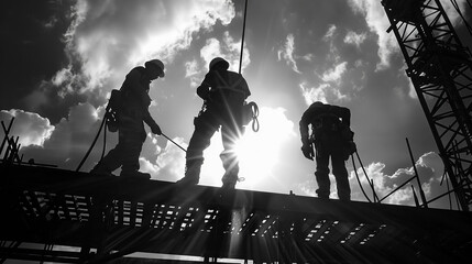 Commercial photo of ironworkers as silhouettes, engaged in heavy construction, wide view