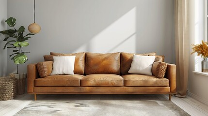 Cozy living room, stylish brown couch, pastel neutral cushions, serene ambiance, copy space
