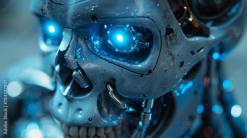 Aufkleber ai with scary face on halloween. head skull of robot with glowing eyes. cyborg-like ai looking at ey
