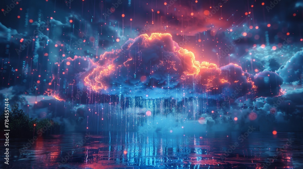 Aufkleber The cloud computing concept consists of square bits and neon lines with digital rain forming an icon of cloud with a cloud with digital rain. A computer network connects with the cloud storage or
