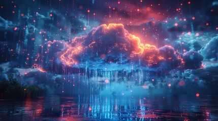 The cloud computing concept consists of square bits and neon lines with digital rain forming an icon of cloud with a cloud with digital rain. A computer network connects with the cloud storage or