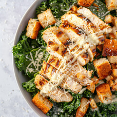 A close-up top-down view of a kale Caesar salad with grilled chicken, featuring crisp kale leaves tossed in creamy Caesar dressing, topped with grilled chicken strips, Parmesan cheese shavings, and cr