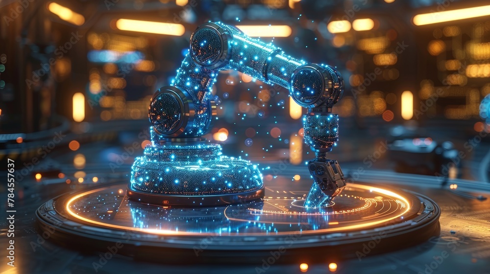 Leinwandbilder Robotic arms create neural networks on a podium in virtual reality. Industry 4.0. Concept of futuristic industry technology.