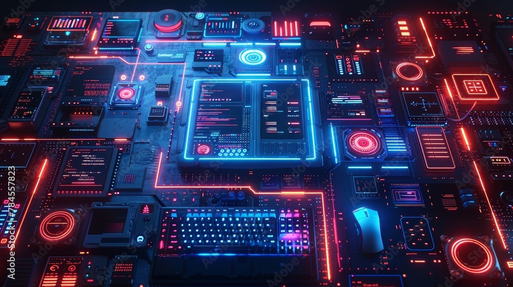 Aufkleber The development of software for mobile devices is shown in a tabletop view with laptops, phones, and tablets. Abstract elements of interface design are shown on screen.