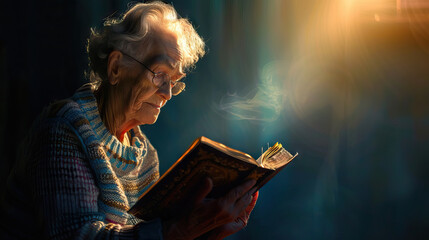 Wisdom's Light: Elderly Woman with Bible, Illuminating Faith's Teachings