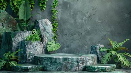 Green pedestal stone podium, summer 3D render, abstract rock and leaf scene, product stage, copy space