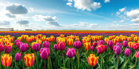 Obraz premium Vibrant tulip field under a blue sky with fluffy white clouds in the background, a colorful spring landscape
