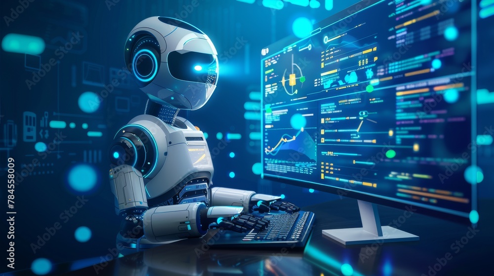 Poster Chatbot using AI Artificial Intelligence developed by OpenAI. Businessman using blockchain technology to communicate with AI. Futuristic technology, robot on the internet.