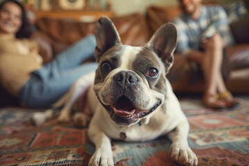 A dog with a family in home. World dog day.