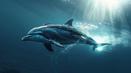 A dolphin with a jetpack, patrolling the ocean's depths - obrazy, fototapety, plakaty