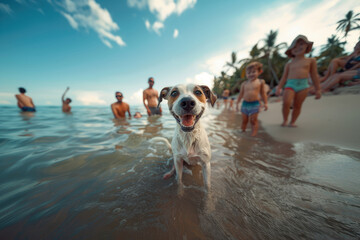 A dog with a family on the beach. World dog day.