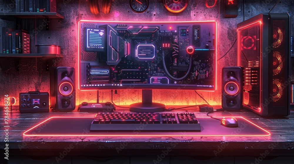 Leinwandbilder in the dark, a gaming pc computer glows. isometric illustration of a modern computer case, monitor, 