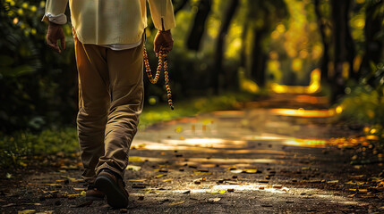Path of Prayer: Man with Prayer Beads, Walking in Devotion - obrazy, fototapety, plakaty