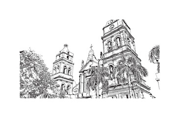 Print Building view with landmark of Santa Cruz de la Sierra is the city in eastern Bolivia. Hand drawn sketch illustration in vector.