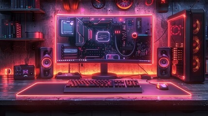 Fototapeta na wymiar In the dark, a gaming PC computer glows. Isometric illustration of a modern computer case, monitor, and keyboard on a desk. A stationary video games computer with neon lights.