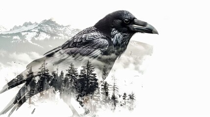 Fototapeta premium Majestic raven over misty forest landscape in monochrome