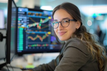 In an office setting, a smiling young businesswoman with glasses sits at a desk, focusing on a monitor displaying a stock market graph. 