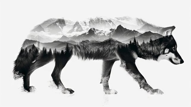 Majestic Wolf Silhouette with Mountain Landscape Double Exposure