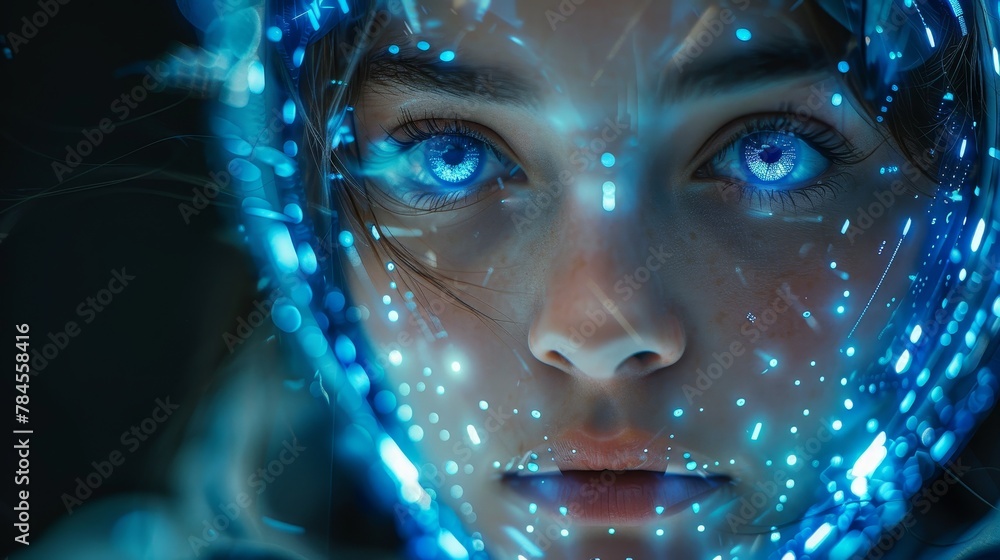 Poster Cyborg in virtual space of datum. Beautiful female robot. Artificial intelligence tech digital abstract concept banner. Retro futuristic.