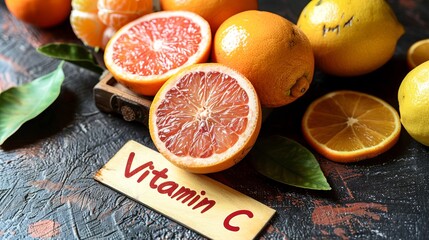 fresh orange fruits such as oranges, grapefruit, lemons and a sign saying Vitamin C