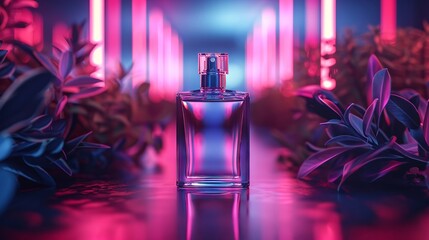 Sleek perfume bottle, blank glass on neon lit background, stylish mockup, text space