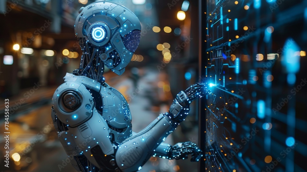 Aufkleber The artificial intelligence robot is staring at the logo AI hanging over the phone. The artificial intelligence technology is conceptualized as a vertical banner and in the form of a futuristic