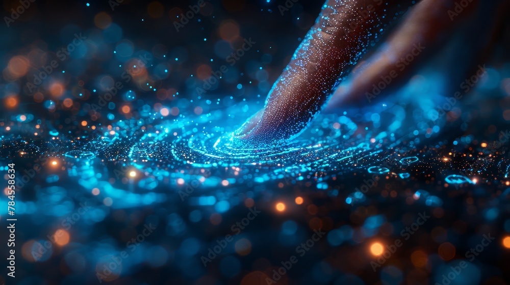 Poster In banking apps, fingerprint authentication is required for payment. An identifier in internet services is based on biometrics. Scanners scan index fingers with the user's hand.