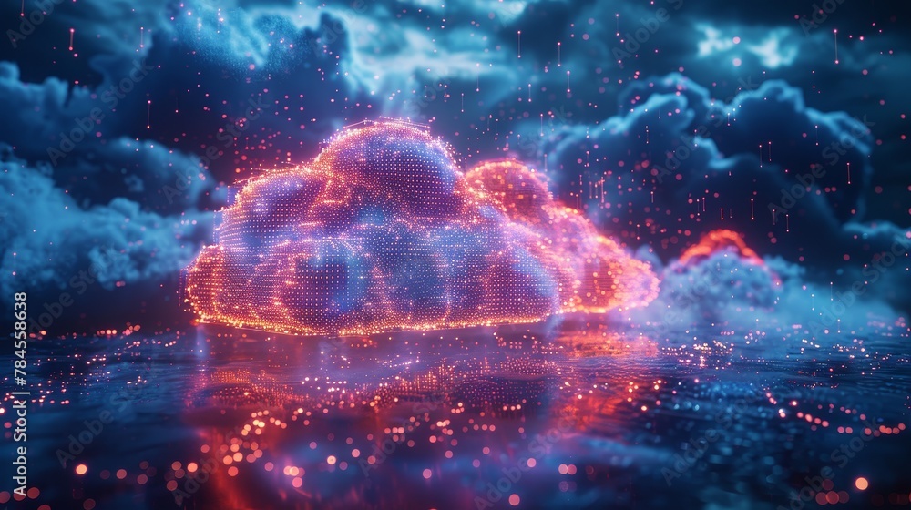 Aufkleber Concept of cloud computing. Digital data storage in the shape of a cloud with digital rain consisting of square bits. Computer network connects to a cloud storage system or data center and exchanges