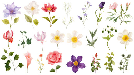 Set of watercolor wildflowers painting isolated on clear png background and transparent background. Fresh and nature concept for nature decorative and flower element, AI generative.	