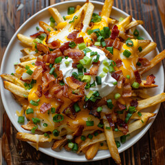 A high-angle shot of a plate of fries topped with melted cheese, bacon bits, green onions, and sour cream, resembling loaded potato fries.