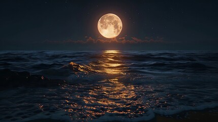 Tranquil moonlit night over calm ocean waves - obrazy, fototapety, plakaty