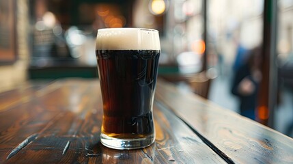 Close-up of dark beer in glass on wooden bar counter - obrazy, fototapety, plakaty