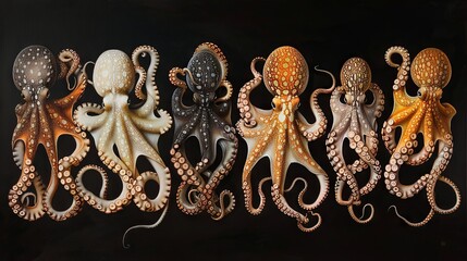 Colorful array of octopuses on a dark background showcasing diverse patterns - obrazy, fototapety, plakaty