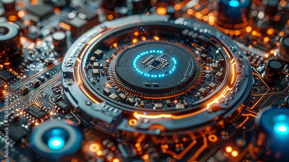 Poster The electronic chip of a mobile phone. A computer chip in a smartphone. Repair and maintenance banners. Components of a cellphone disassembled and inside a case. 3D rendering of cellphone technology.