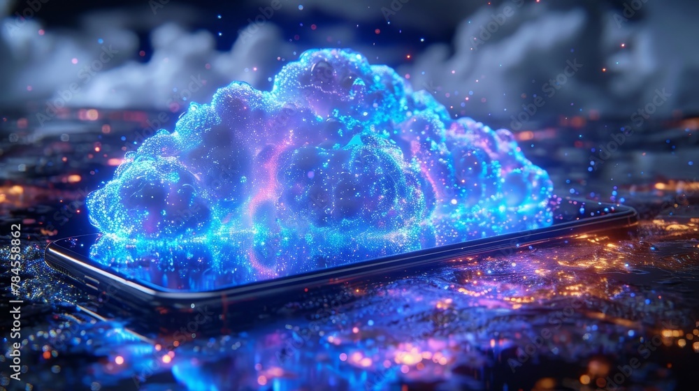 Poster Cloud computing background concept. Cloud computing icon onscreen of smart phone. Data upload to online cloud storage through smartphone. Cell phone synchronizes with online cloud storage.