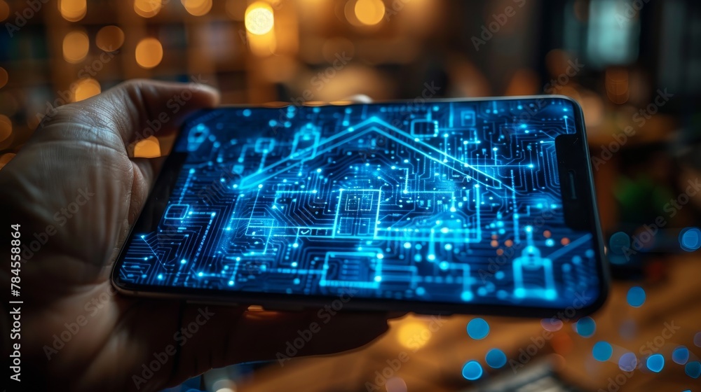 Poster Internet of Things concept. Man holding phone and remotely controlling smart home through internet. Domestic device icons appear on screen smartphone in hand. IOT system of smart home on phone.