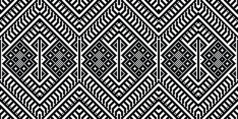 Fototapeta premium Motif Pixel Seamless Pattern Embroidery Background. Pixel Flowers Geometric Ethnic Oriental Pattern Traditional. Pixel Aztec Style Abstract Design for Print Texture,fabric,saree,sari,carpet.