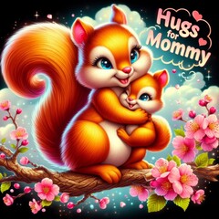 Fototapeta premium Cute Squirrels Embracing, 'Hugs for Mommy' Illustration