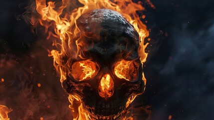 Flaming skull engulfed in fierce orange blaze with dark background