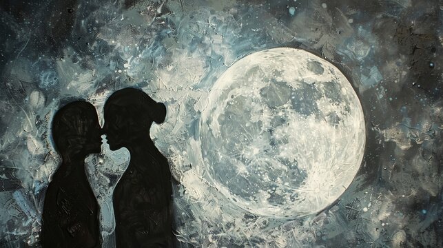 Silhouetted couple kissing under full moon in painted night sky