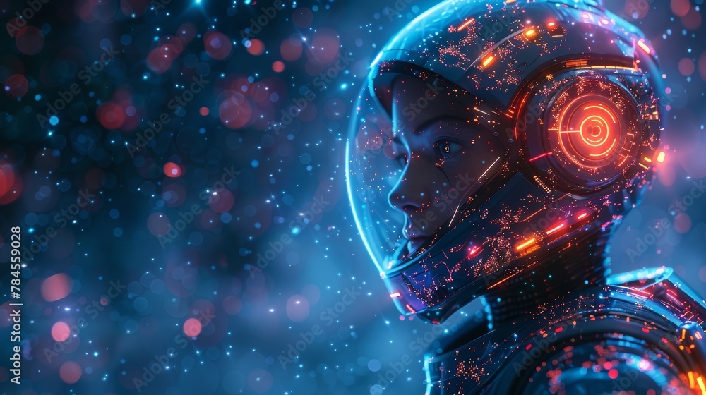 Poster in the cyberspace world of metaverse, robot woman with artificial intelligence is flying. a cyborg i