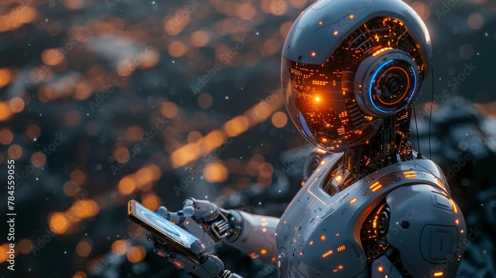 Aufkleber Robot looking at logo AI in hand. Artificial intelligence technology conceptual banner. Robot or cyborg analyzing big data.