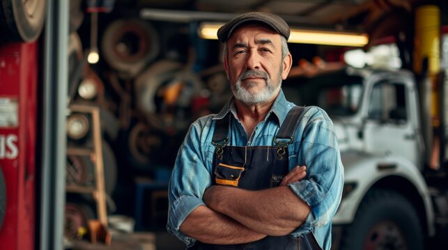 Portrait of truck repair shop owner with arms crossed looking at camera