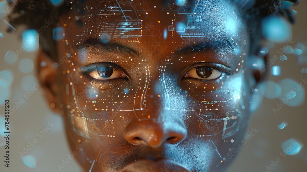 Poster an african american man with a focused look. virtual face scanning using artificial intelligence. fa