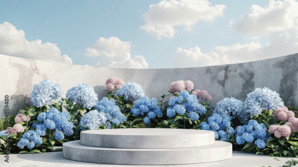 Fototapete an attractive podium backdrop with hydrangea flowers in a field. 3d rendering.